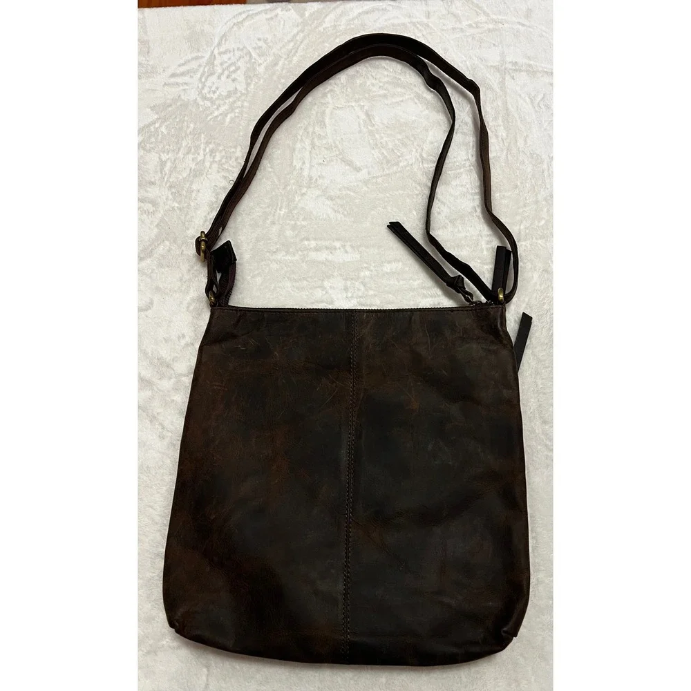 ESTALON Dark Brown Genuine Leather Crossbody Zip Front Pockets Adjustable Strap‎